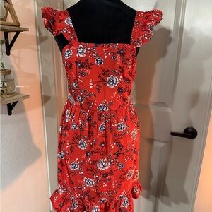 Floral Ruffle Red Dress